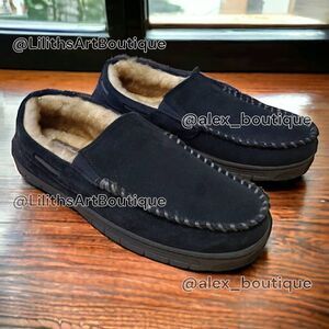 Eddie Bauer Men's West Haven Slippers Black Suede Memory Foam Faux Fur 9-10